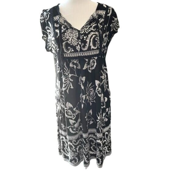 Mark Womens Black & White Floral Print Summer V-Neck Dress Knee-Length Large - Picture 2 of 13